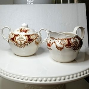 Vintage Windsor Brown Creamer & Sugar Bowl w Lid Brown Transferware NIKKO Japan